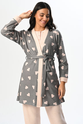 Heart Pattern 3-Piece Maternity-Nursing Pajama & Robe Set Powder - 24352