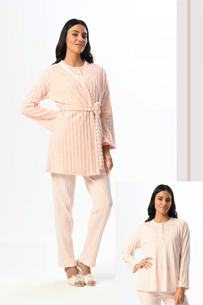 Ribbed 3-Piece Maternity-Nursing Pajama & Polar Robe Set Powder - 24354