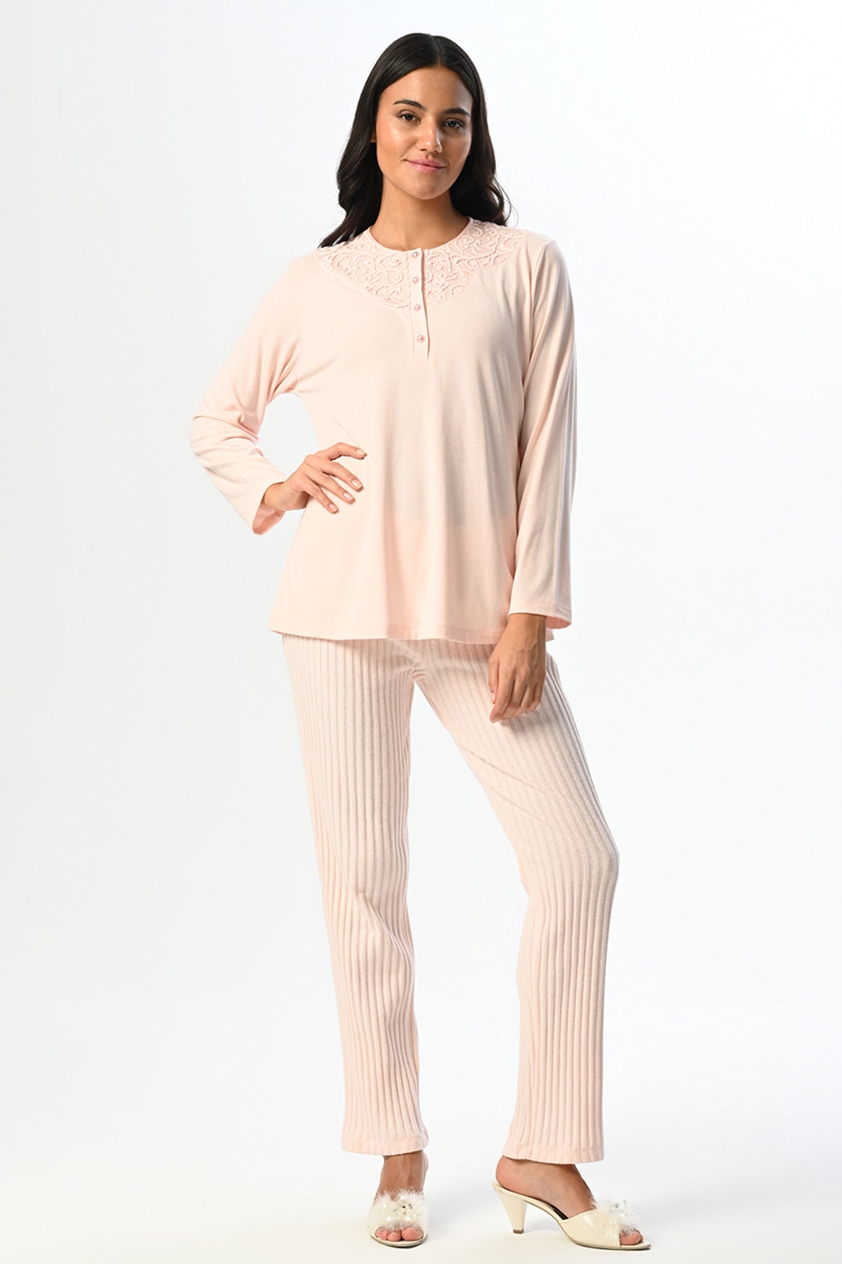 Ribbed 3-Piece Maternity-Nursing Pajama & Polar Robe Set Powder - 24354