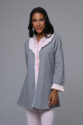Lace Edge 3-Piece Maternity-Nursing Pajama & Melange Robe Set Pink - 24355