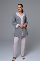 Lace Edge 3-Piece Maternity-Nursing Pajama & Melange Robe Set Pink - 24355
