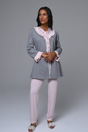 Lace Edge 3-Piece Maternity-Nursing Pajama & Melange Robe Set Pink - 24355