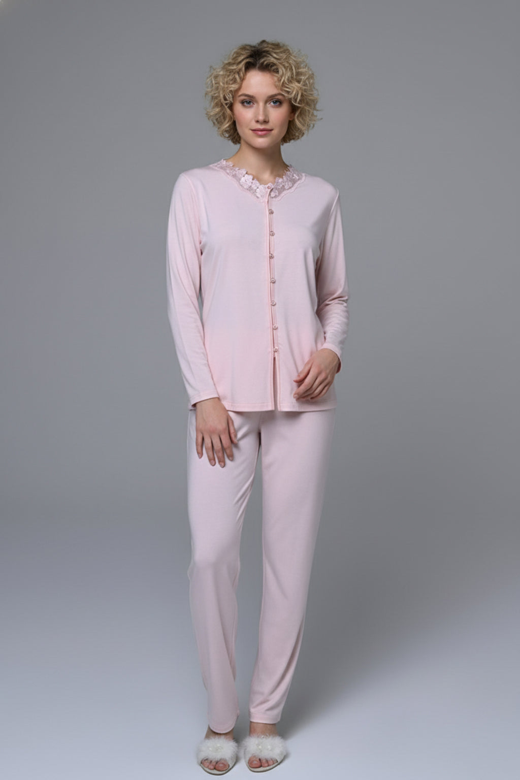 Lace Edge 3-Piece Maternity-Nursing Pajama & Melange Robe Set Pink - 24355