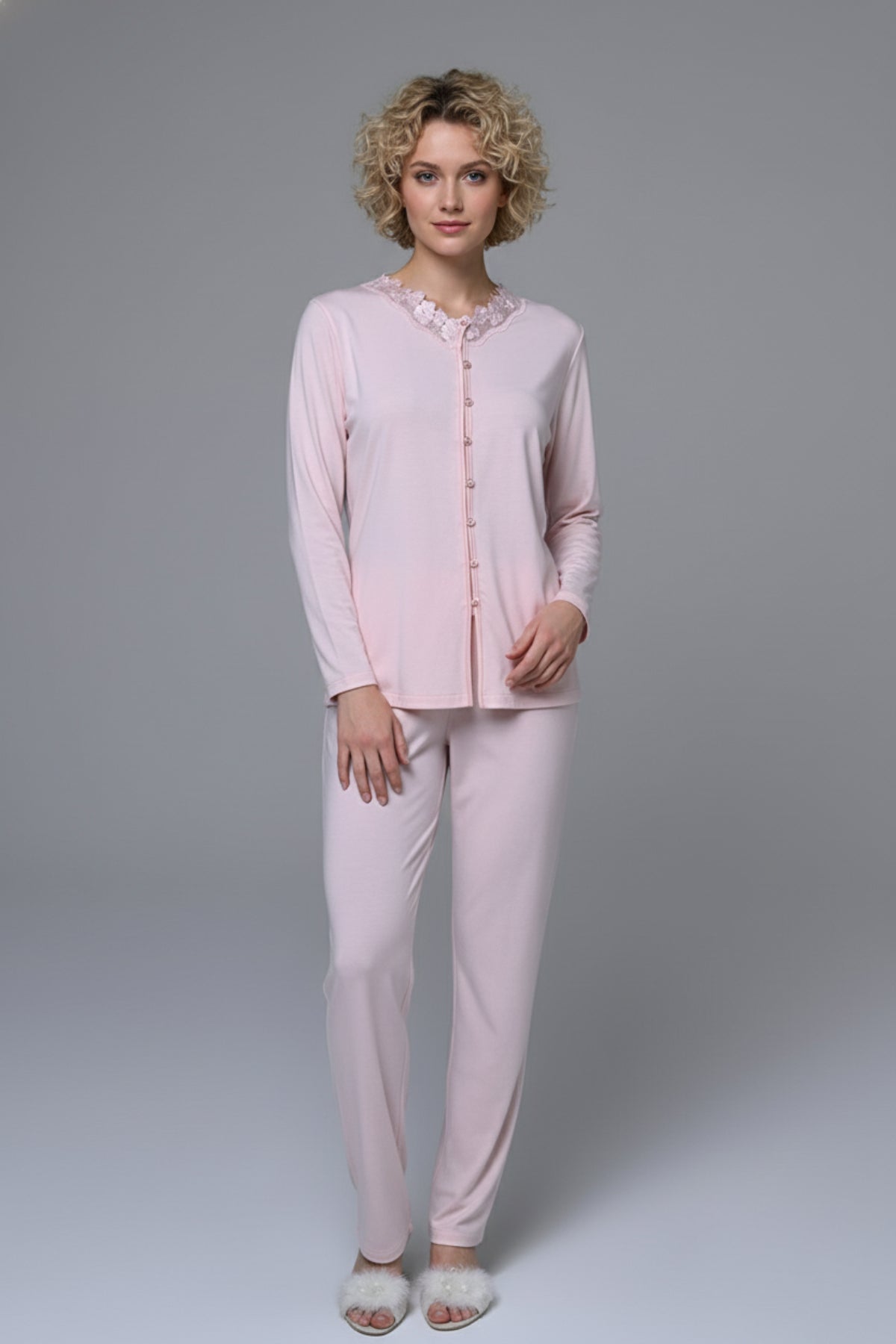 Lace Edge 3-Piece Maternity-Nursing Pajama & Melange Robe Set Pink - 24355