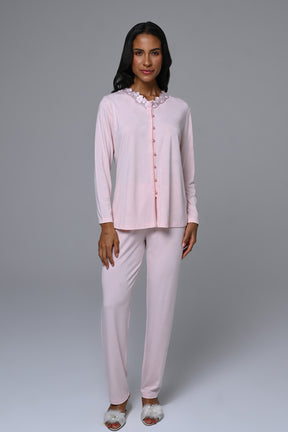 Lace Edge 3-Piece Maternity-Nursing Pajama & Melange Robe Set Pink - 24355