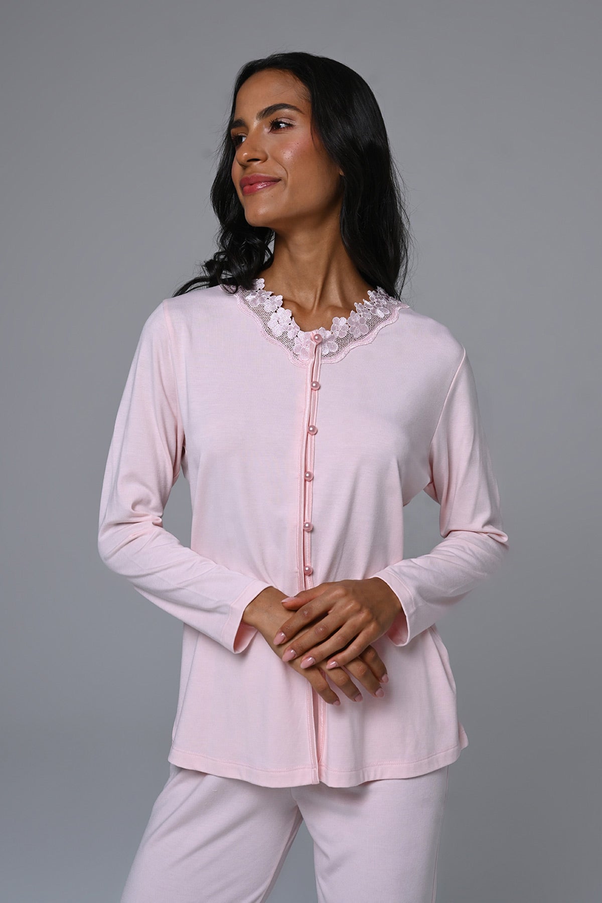 Lace Edge 3-Piece Maternity-Nursing Pajama & Melange Robe Set Pink - 24355