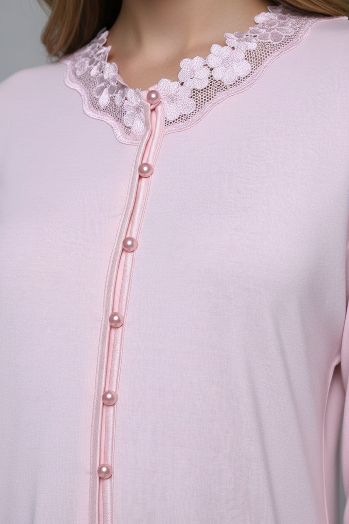 Lace Edge 3-Piece Maternity-Nursing Pajama & Melange Robe Set Pink - 24355