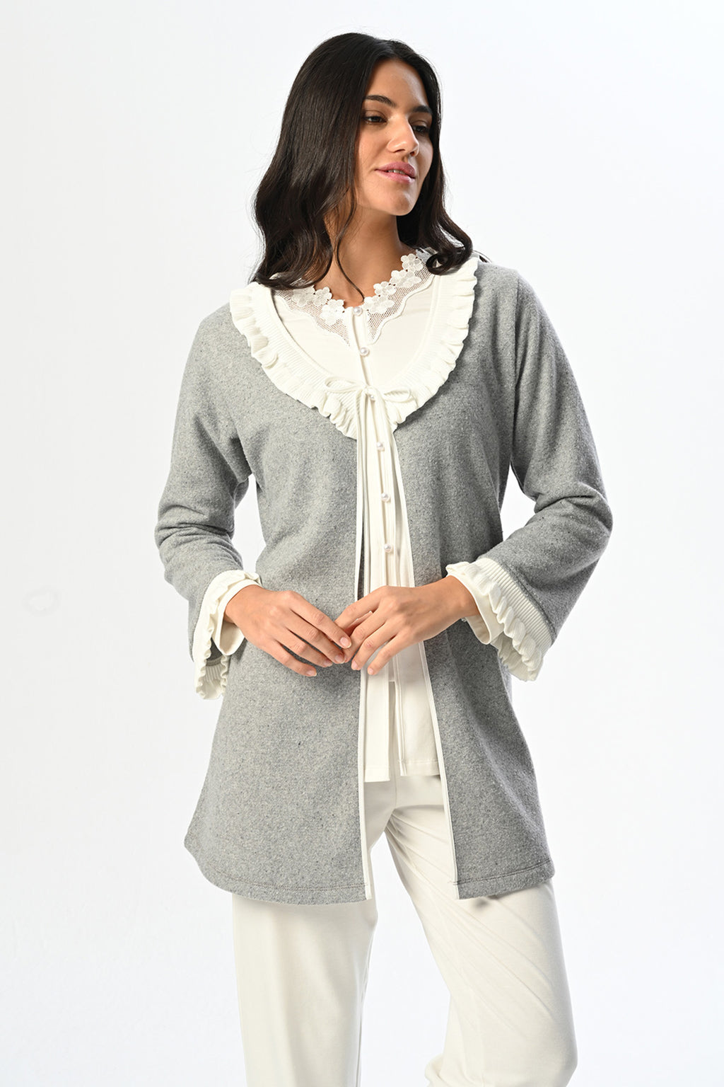 Lace Edge 3-Piece Maternity Feeding-Friendly Pajama & Melange Robe Set Ecru - N24355