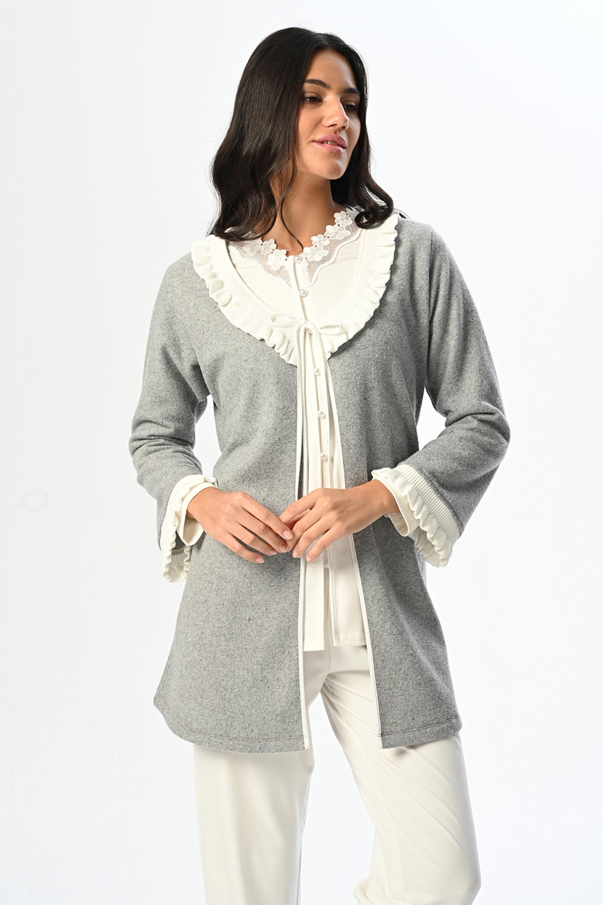 Lace Edge 3-Piece Maternity Feeding-Friendly Pajama & Melange Robe Set Ecru - N24355