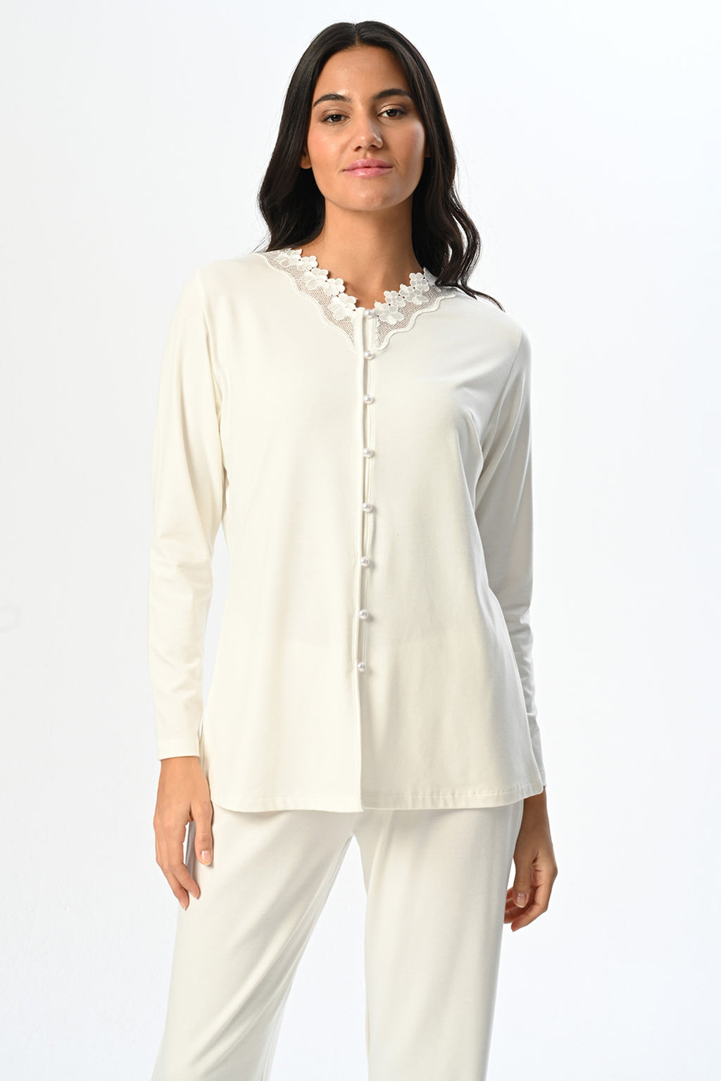 Lace Edge 3-Piece Maternity Feeding-Friendly Pajama & Melange Robe Set Ecru - N24355
