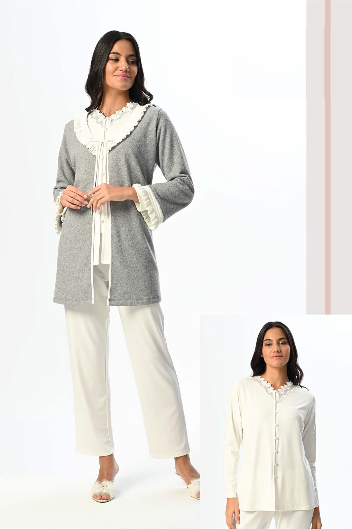 Lace Edge 3-Piece Maternity Feeding-Friendly Pajama & Melange Robe Set Ecru - N24355