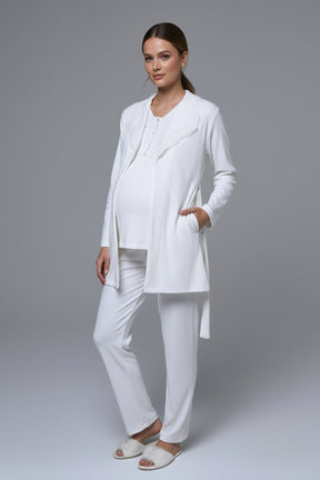 Ribbed Lace Collar 3-Piece Maternity-Nursing Pajama & Robe Set - 24356