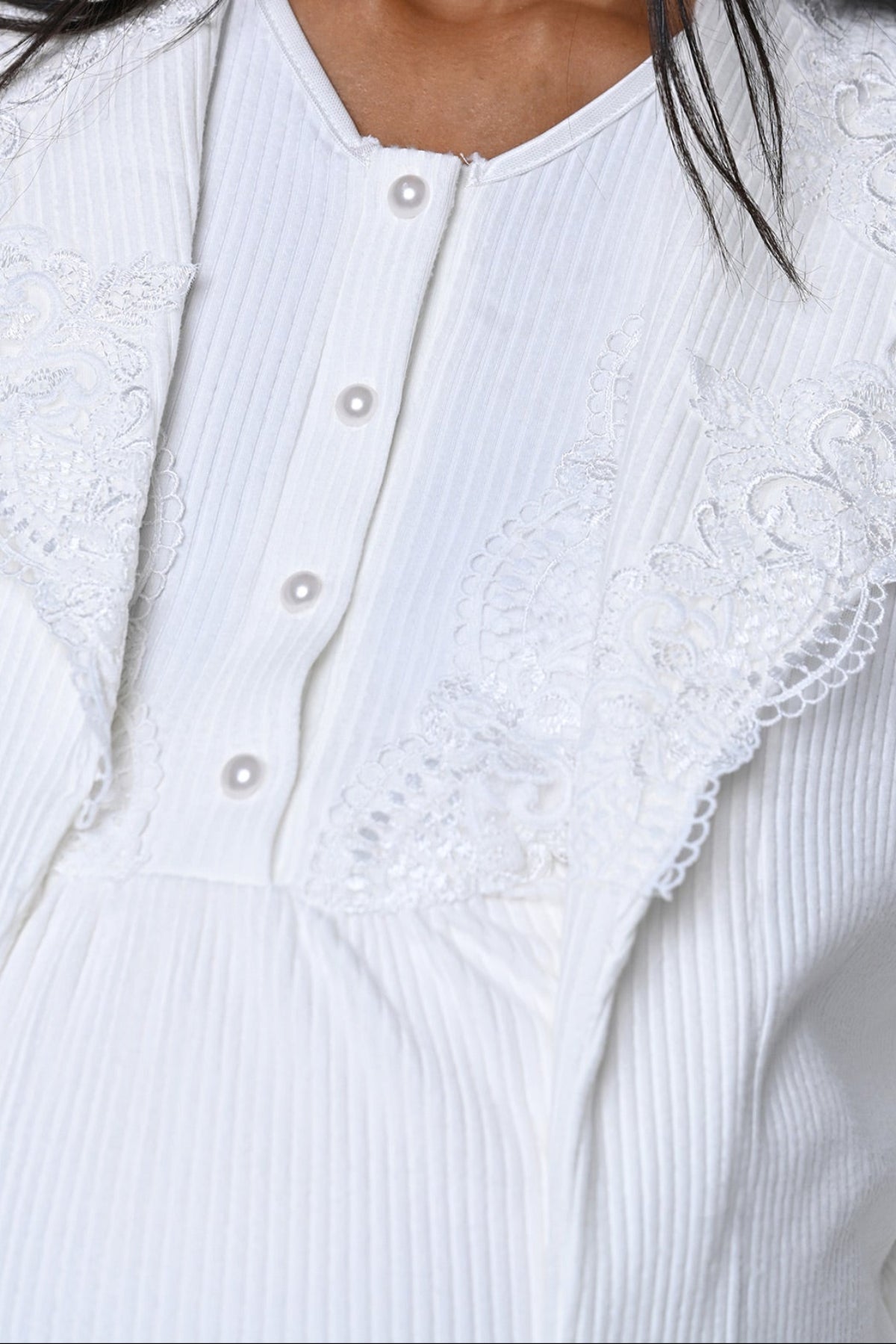 Ribbed Lace Collar 3-Piece Maternity-Nursing Pajama & Robe Set - 24356