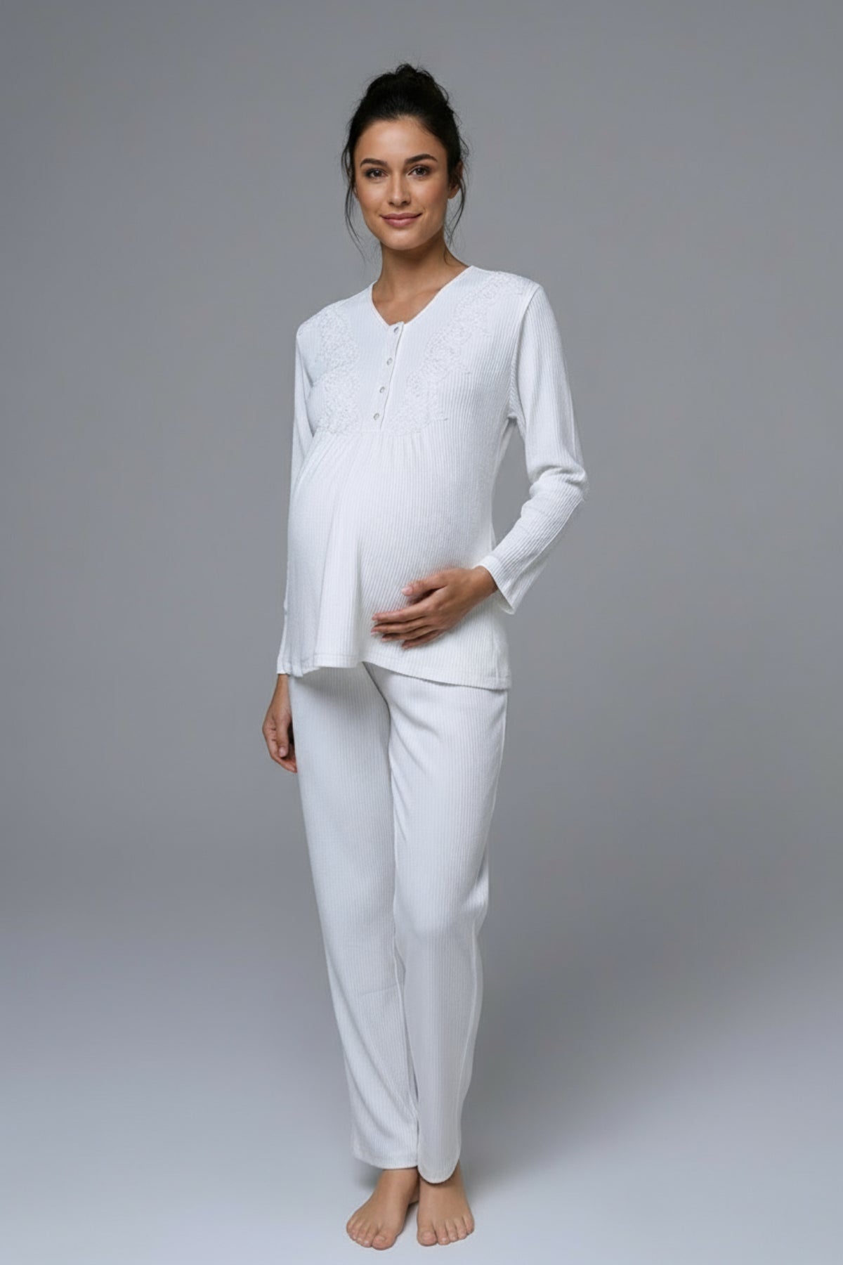 Ribbed Lace Collar 3-Piece Maternity-Nursing Pajama & Robe Set - 24356
