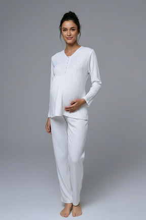 Ribbed Lace Collar 3-Piece Maternity-Nursing Pajama & Robe Set - 24356