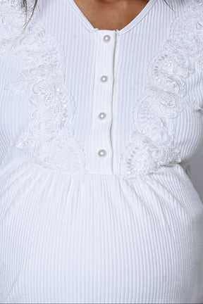 Ribbed Lace Collar 3-Piece Maternity-Nursing Pajama & Robe Set - 24356