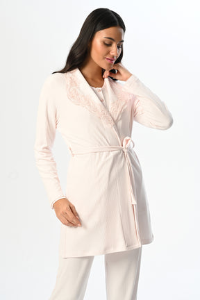 Ribbed Lace Collar 3-Piece Maternity-Nursing Pajama & Robe Set - 24356
