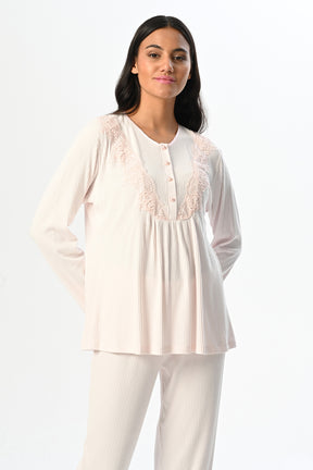 Ribbed Lace Collar 3-Piece Maternity-Nursing Pajama & Robe Set - 24356