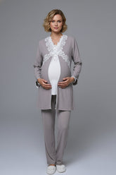 Flowery Lace Collar 3-Piece Maternity-Nursing Pajama & Robe Set Ecru - 24357