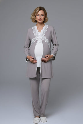 Flowery Lace Collar 3-Piece Maternity-Nursing Pajama & Robe Set Ecru - 24357