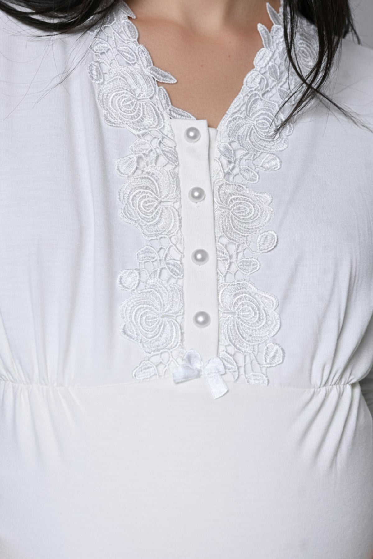 Flowery Lace Collar 3-Piece Maternity-Nursing Pajama & Robe Set Ecru - 24357