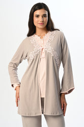 Flowery Lace Collar 3-Piece Maternity-Nursing Pajama & Robe Set - 24357