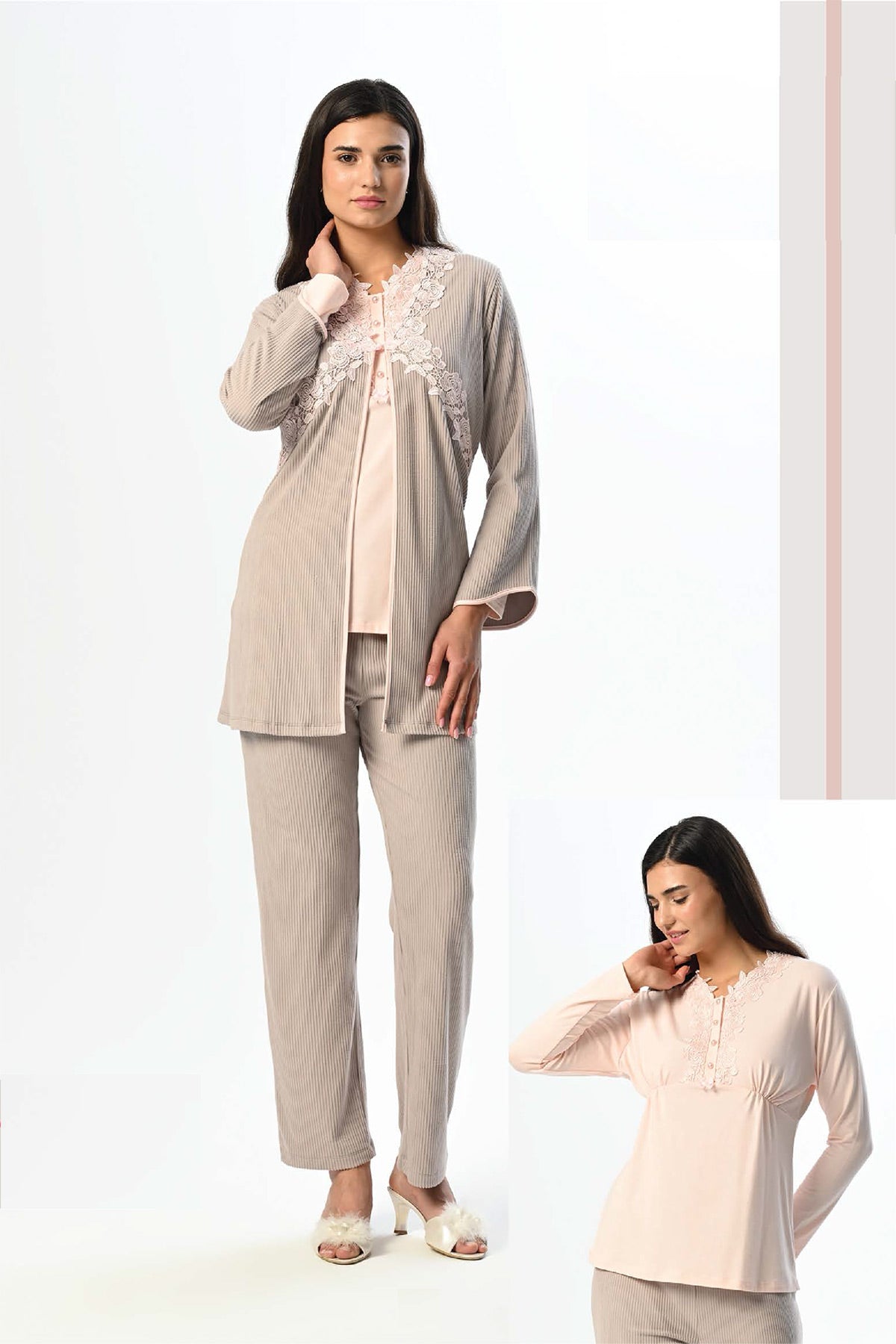 Flowery Lace Collar 3-Piece Maternity Feeding-Friendly Pajama & Robe Set Pink - N24357