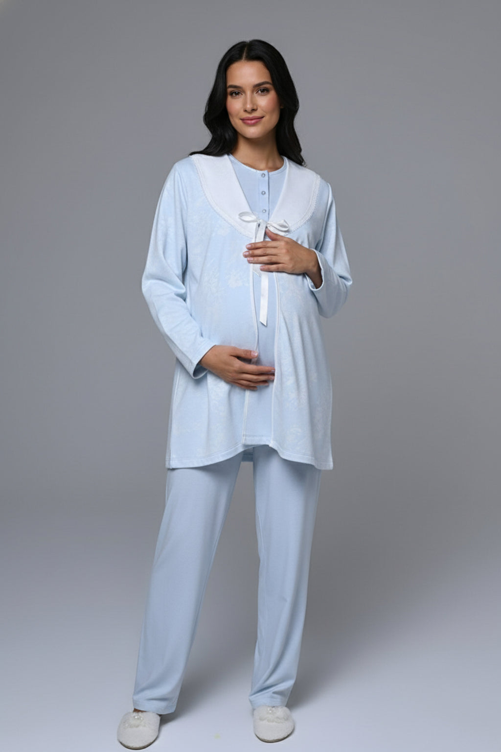 Guipure Collar 3-Piece Maternity-Nursing Pajama & Jacquard Robe Set Blue - 24358