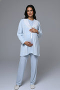 Guipure Collar 3-Piece Maternity-Nursing Pajama & Jacquard Robe Set Blue - 24358