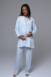 Guipure Collar 3-Piece Maternity-Nursing Pajama & Jacquard Robe Set Blue - 24358