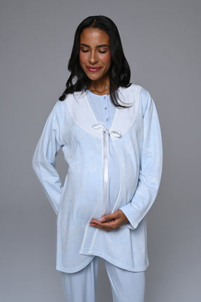 Guipure Collar 3-Piece Maternity-Nursing Pajama & Jacquard Robe Set Blue - 24358