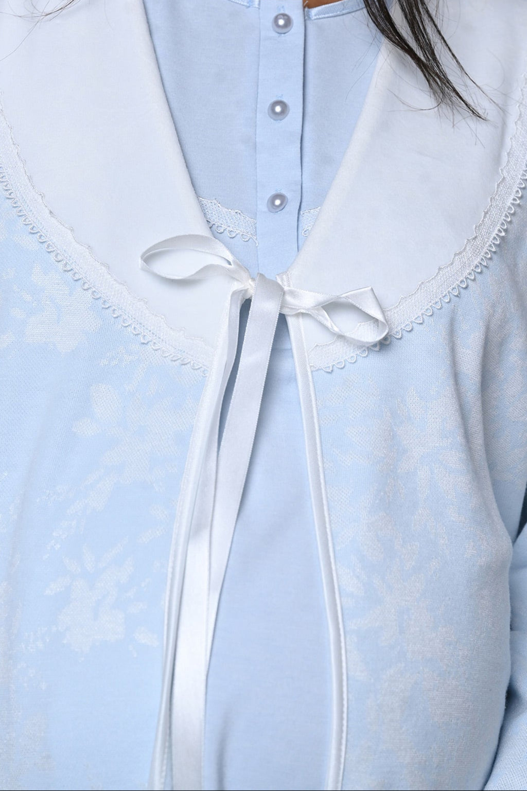 Guipure Collar 3-Piece Maternity-Nursing Pajama & Jacquard Robe Set Blue - 24358