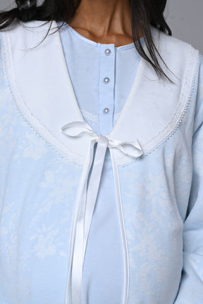Guipure Collar 3-Piece Maternity-Nursing Pajama & Jacquard Robe Set Blue - 24358