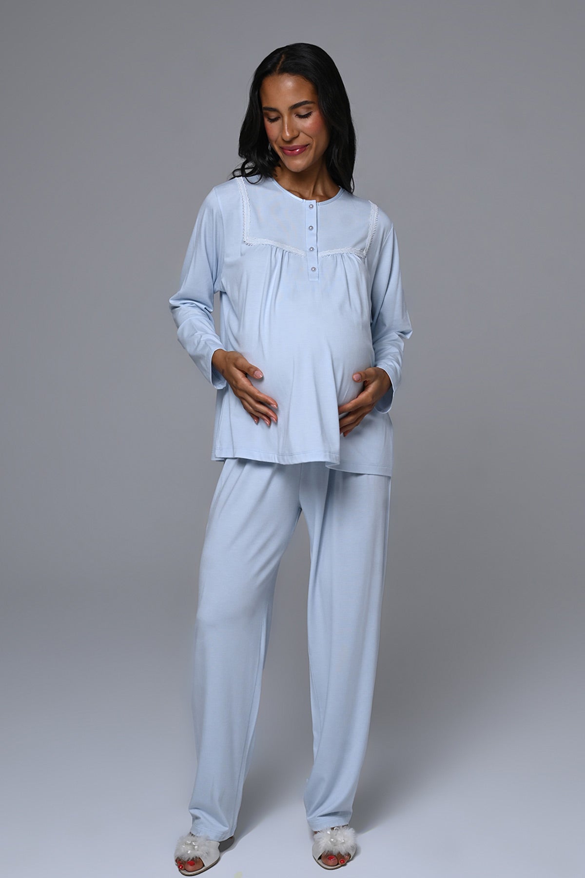 Guipure Collar 3-Piece Maternity-Nursing Pajama & Jacquard Robe Set Blue - 24358
