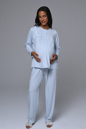 Guipure Collar 3-Piece Maternity-Nursing Pajama & Jacquard Robe Set Blue - 24358