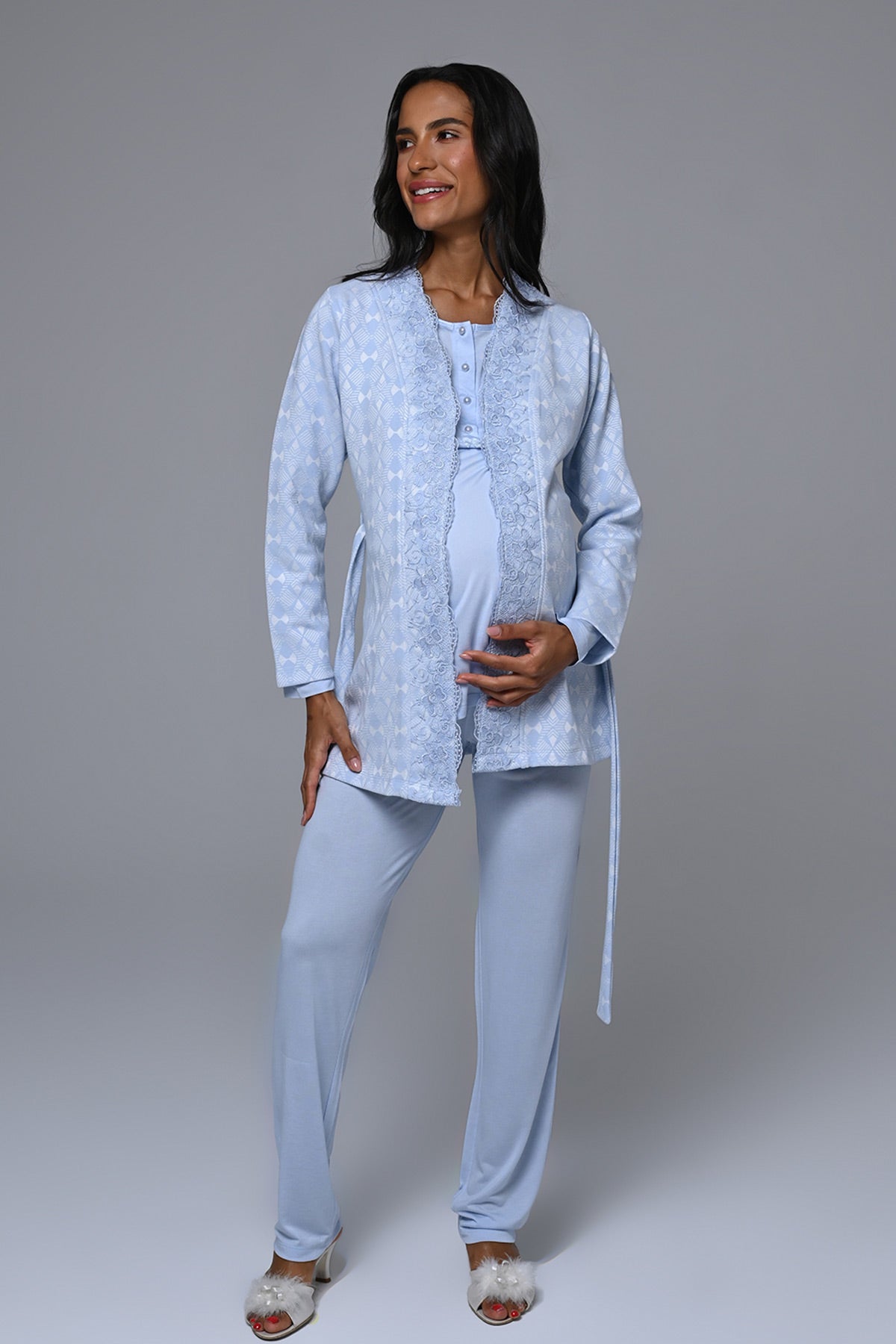 Lacy Edge 3-Piece Maternity-Nursing Pajama & Robe Set Blue - 24359