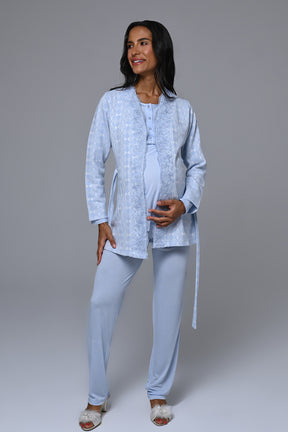 Lacy Edge 3-Piece Maternity-Nursing Pajama & Robe Set Blue - 24359