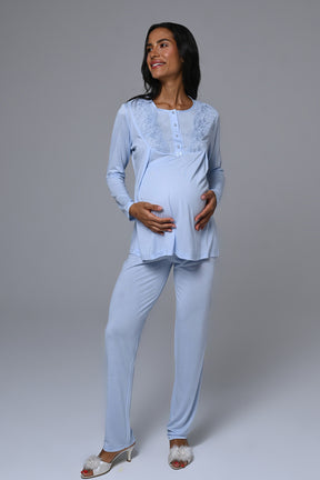 Lacy Edge 3-Piece Maternity-Nursing Pajama & Robe Set Blue - 24359