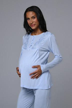 Lacy Edge 3-Piece Maternity-Nursing Pajama & Robe Set Blue - 24359
