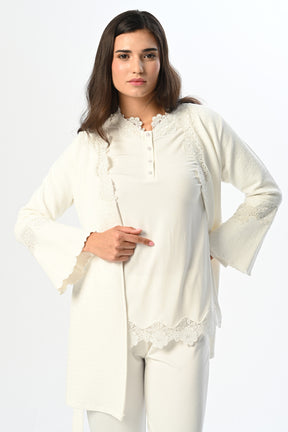 Lace Skirt 3-Piece Maternity-Nursing Pajama & Jacquard Robe Set - 24363