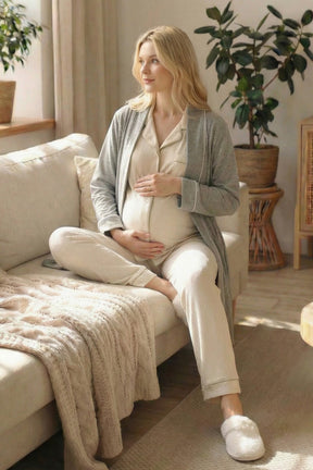 Ribbed 3-Piece Maternity-Nursing Pajama & Striped Robe Set Ecru - 24371