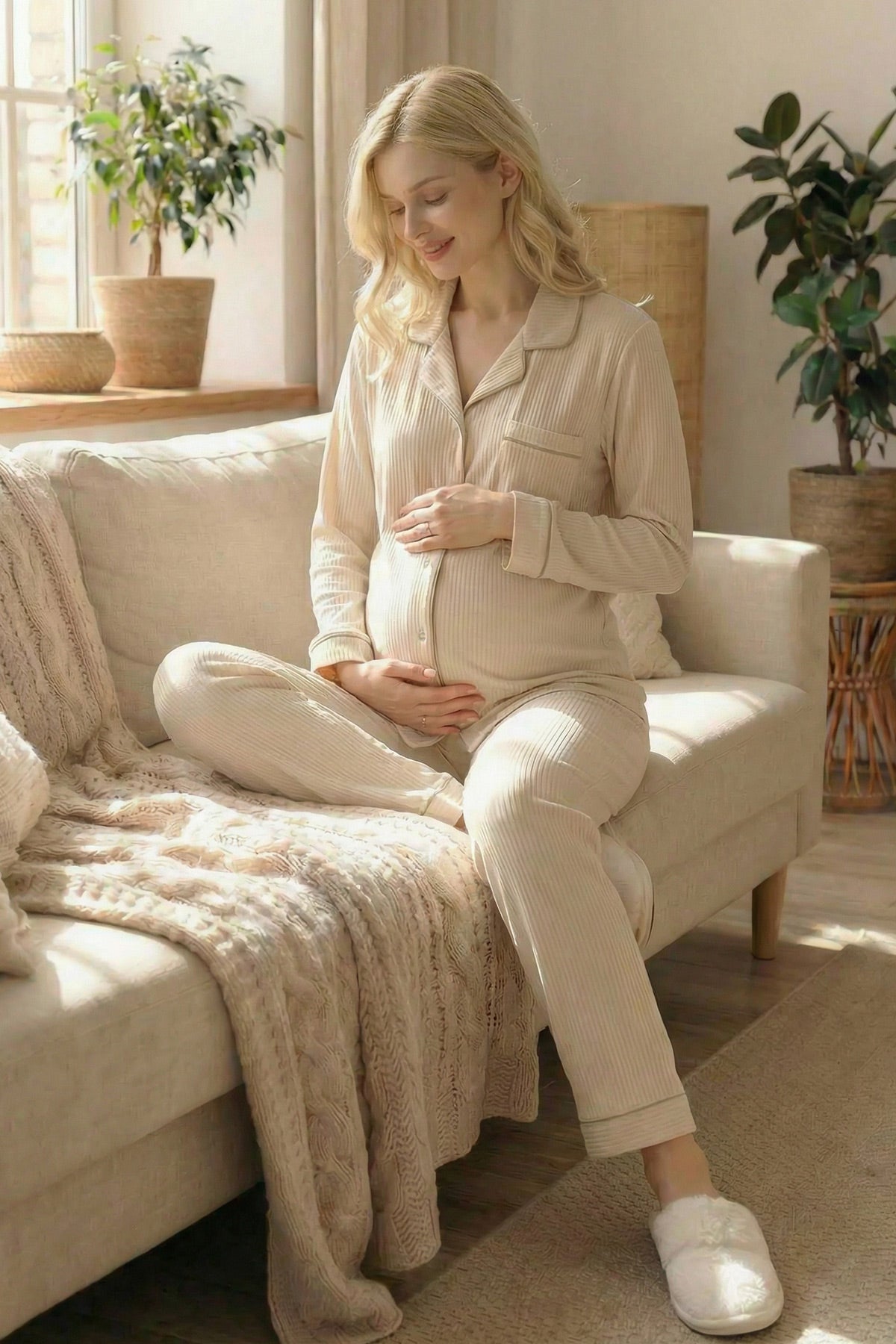 Ribbed 3-Piece Maternity-Nursing Pajama & Striped Robe Set Ecru - 24371