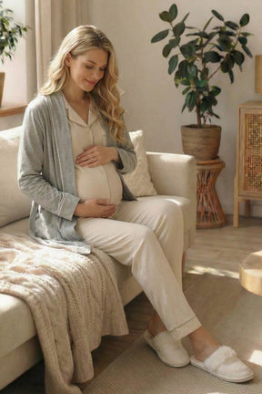 Ribbed 3-Piece Maternity-Nursing Pajama & Striped Robe Set Ecru - 24371