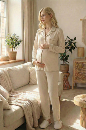 Ribbed 3-Piece Maternity-Nursing Pajama & Striped Robe Set Ecru - 24371