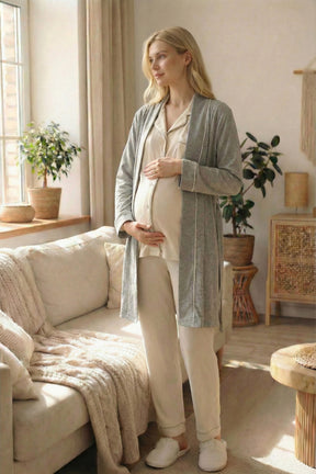Ribbed 3-Piece Maternity-Nursing Pajama & Striped Robe Set Ecru - 24371