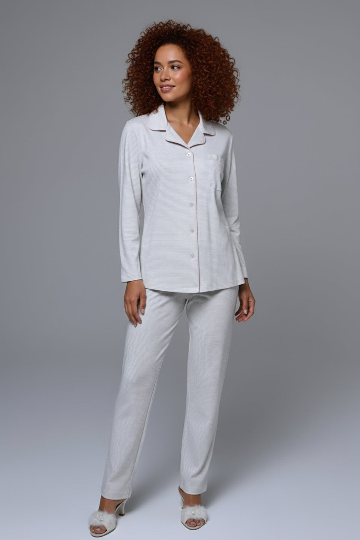 Striped 3-Piece Maternity-Nursing Pajama & Robe Set Grey - 24372