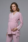 Lace Collar 3-Piece Maternity-Nursing Pajama & Lace Sleeve Robe Set Pink - 24373