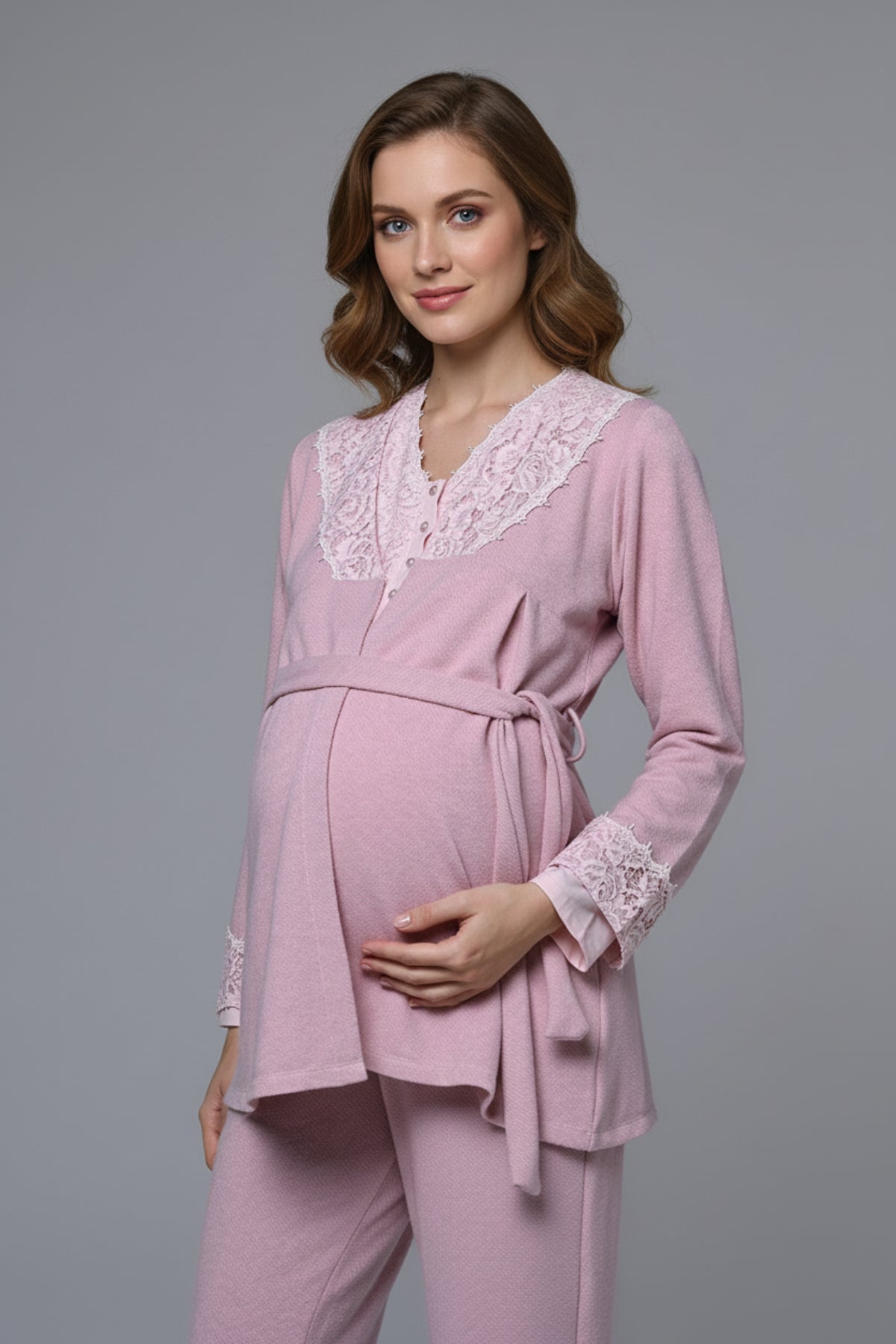 Lace Collar 3-Piece Maternity-Nursing Pajama & Lace Sleeve Robe Set Pink - 24373