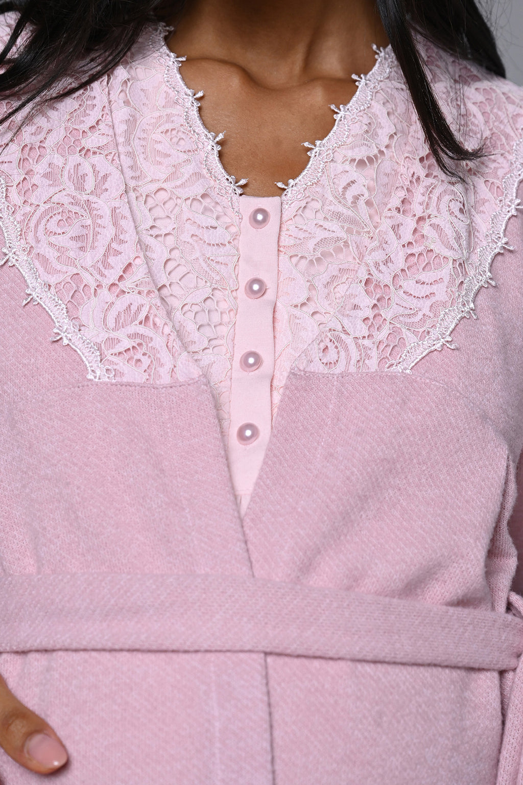 Lace Collar 3-Piece Maternity-Nursing Pajama & Lace Sleeve Robe Set Pink - 24373