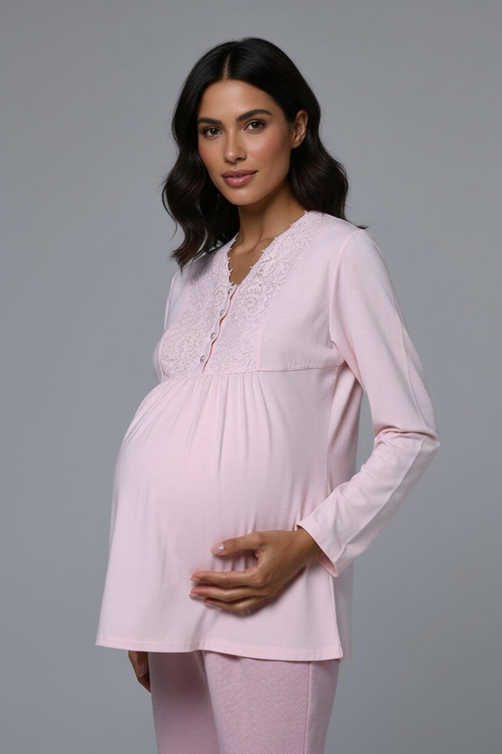 Lace Collar 3-Piece Maternity-Nursing Pajama & Lace Sleeve Robe Set Pink - 24373
